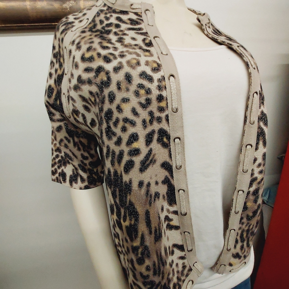 Chico's Women's Leopard Print Open Cardigan Lacing Detail Size 2 (Large/12) Top